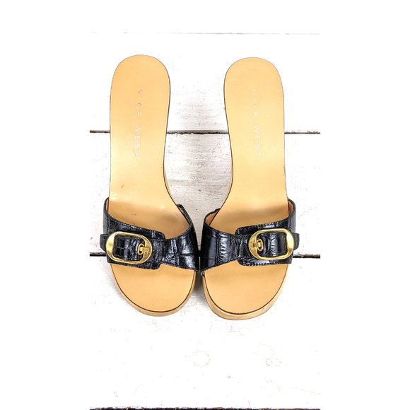 Nine West black leather high heel wooden gold buckle platform open toe clog mule - Picture 6 of 7